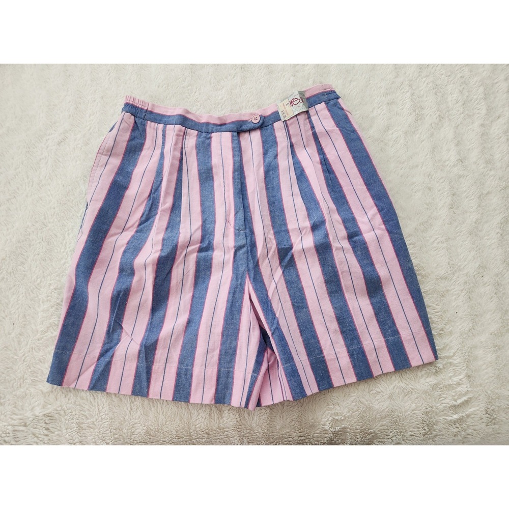 Vintage Aurea Women's Shorts Size 16 Blue Pink Striped 100% Cotton Pleated